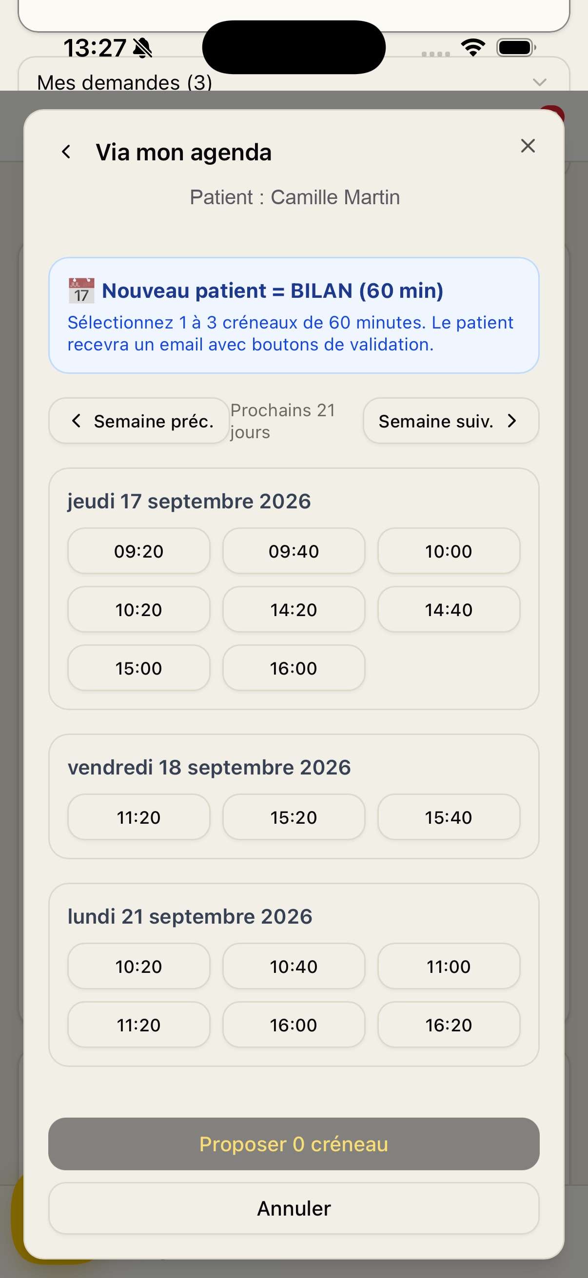 Proposition de créneaux à un patient
